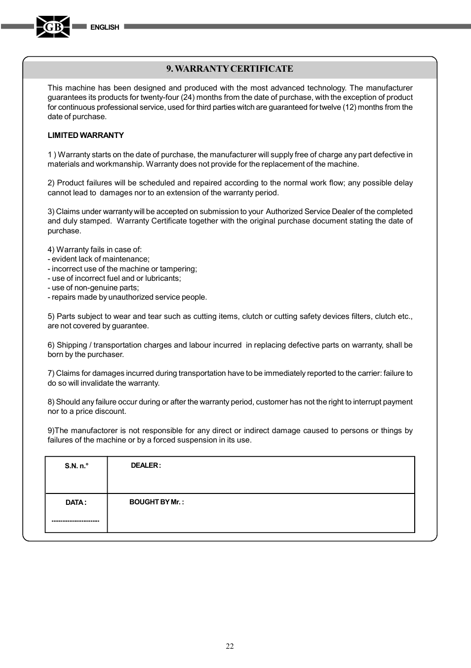 Warranty certificate | IBEA TS2360 Series User Manual | Page 22 / 48