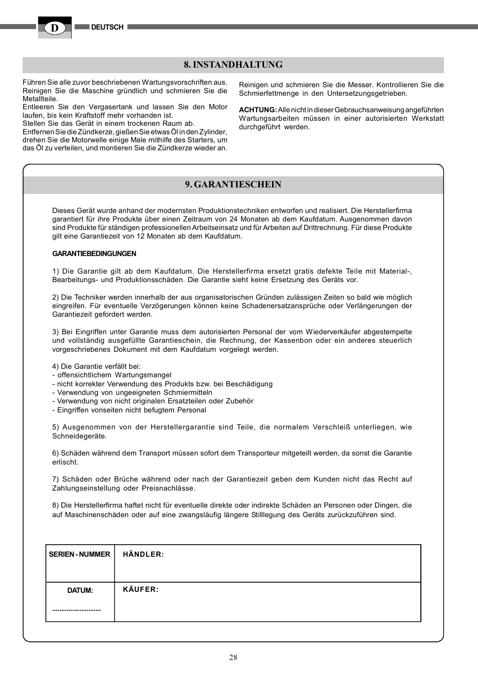 Instandhaltung, Garantieschein | IBEA TS2360 Series User Manual | Page 28 / 48