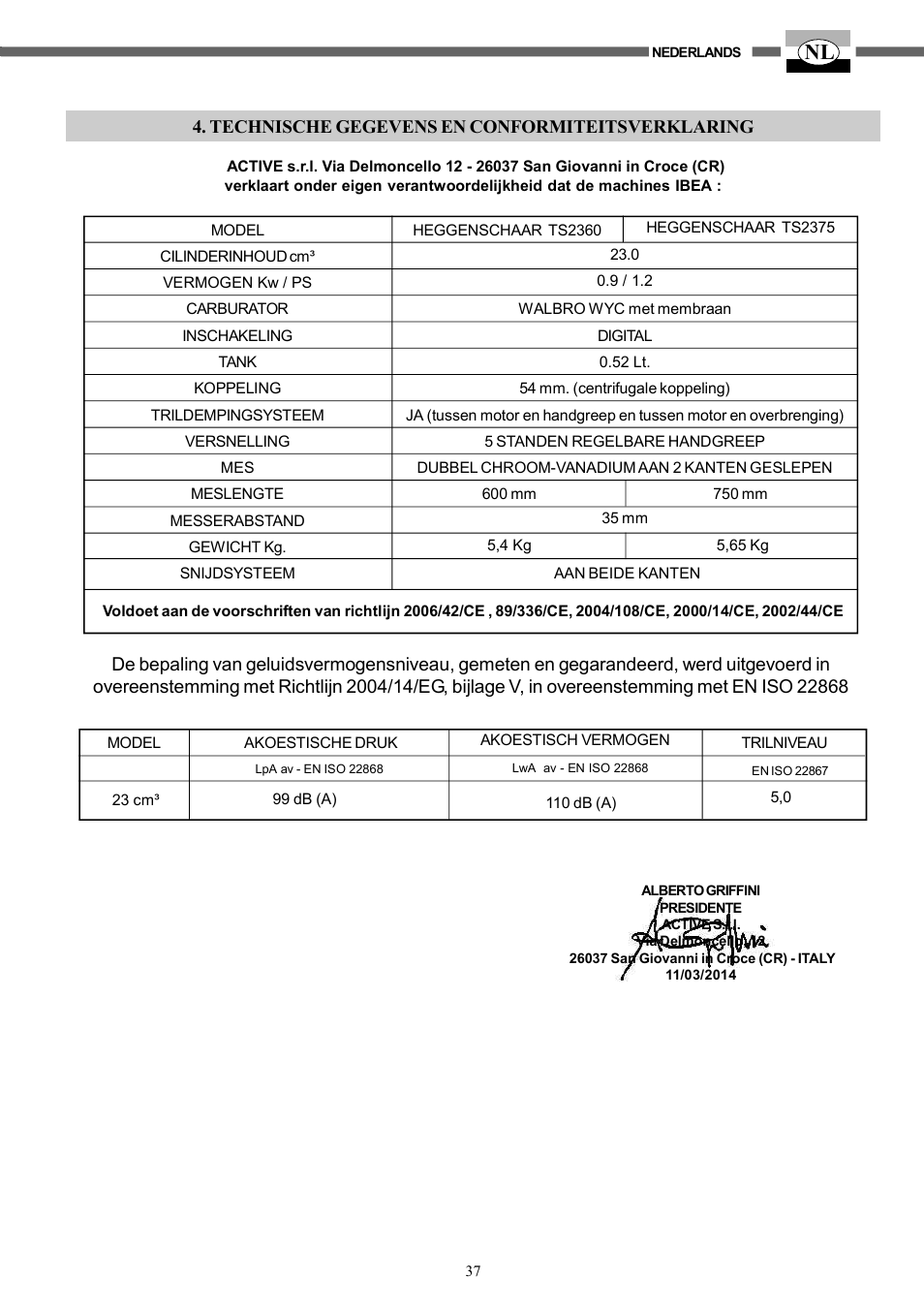 Technische gegevens en conformiteitsverklaring | IBEA TS2360 Series User Manual | Page 37 / 48