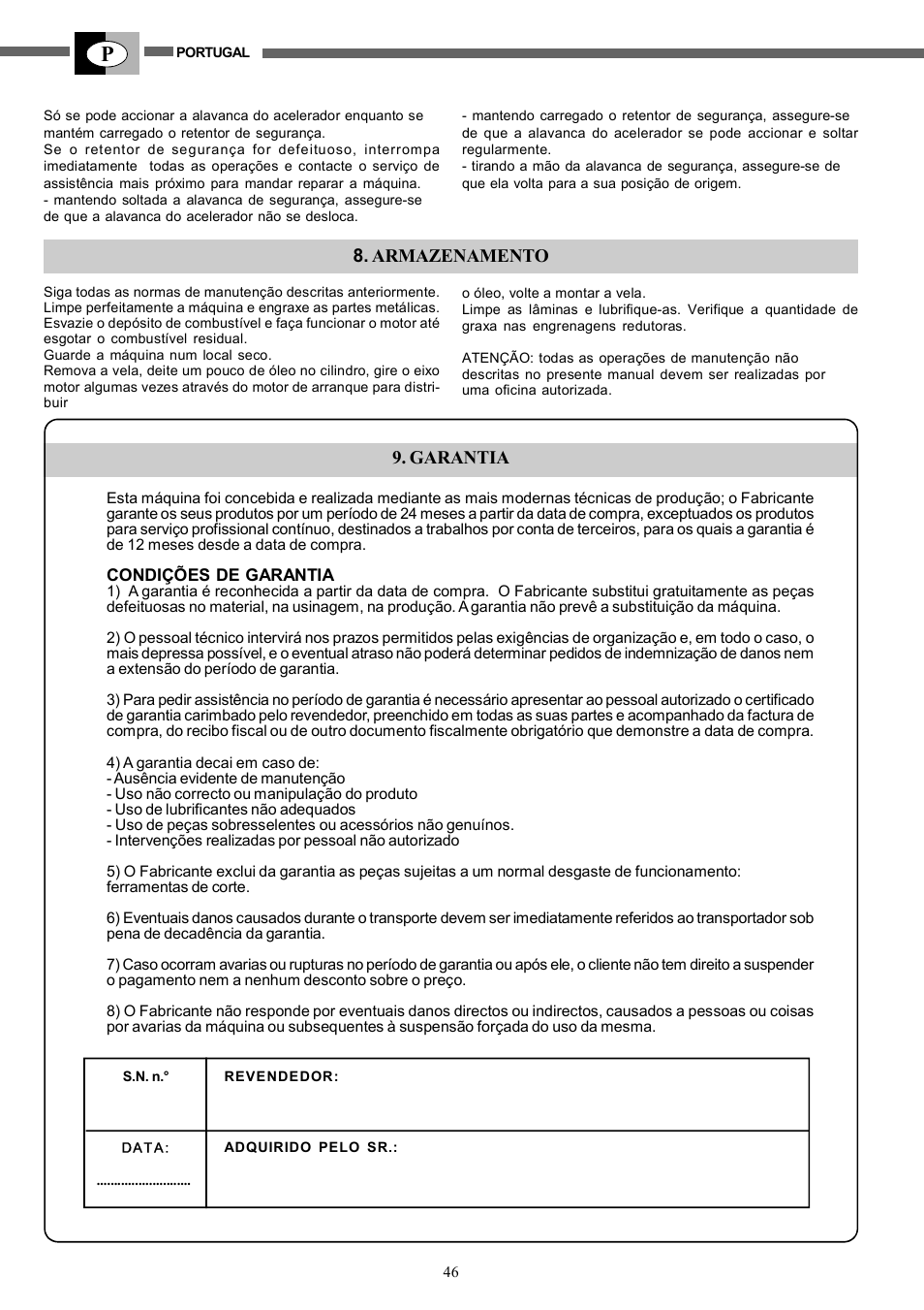 Armazenamento, Garantia | IBEA TS2360 Series User Manual | Page 46 / 48