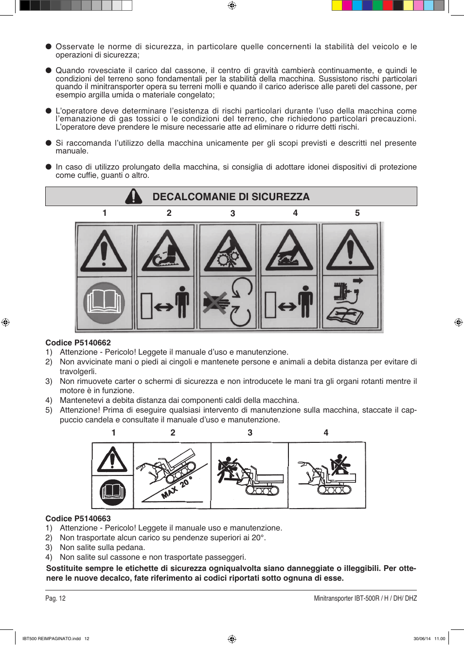 Decalcomanie di sicurezza | IBEA IBT-500 Series User Manual | Page 12 / 64