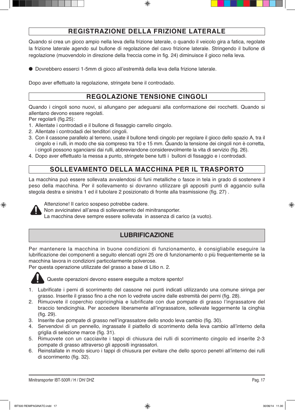 Regolazione tensione cingoli, Registrazione della frizione laterale | IBEA IBT-500 Series User Manual | Page 17 / 64
