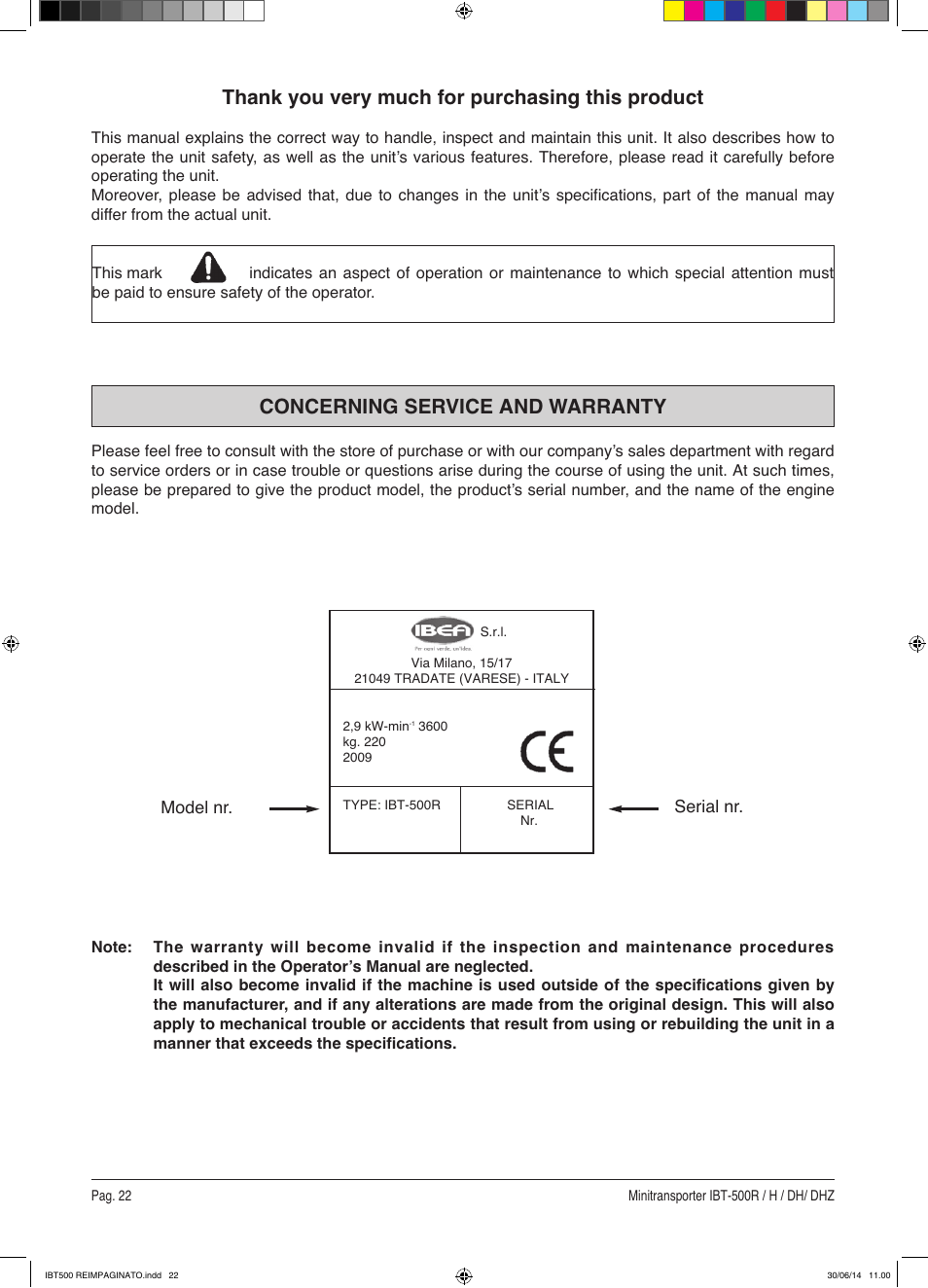 Concerning service and warranty | IBEA IBT-500 Series User Manual | Page 22 / 64