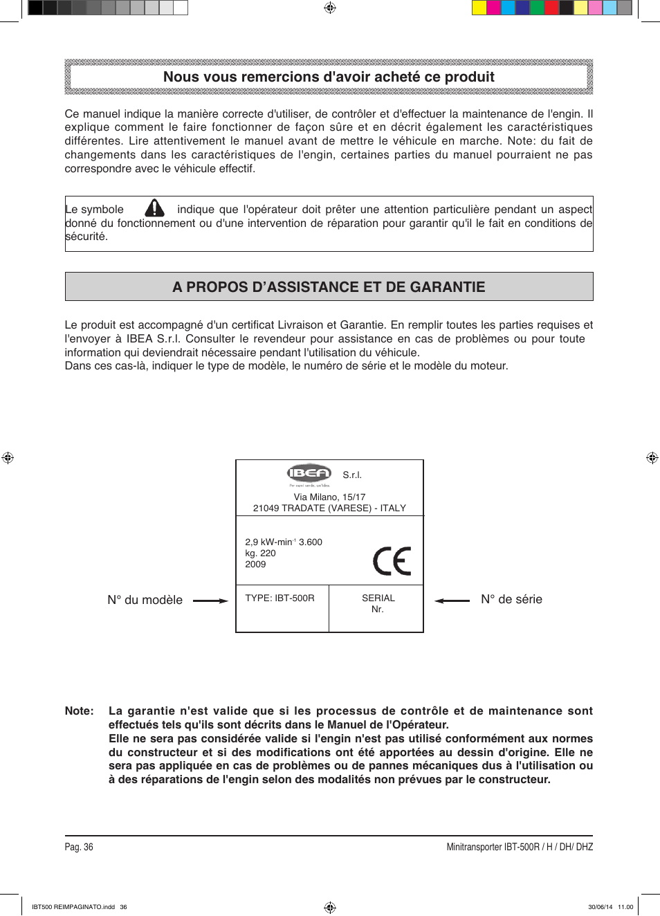 Nous vous remercions d'avoir acheté ce produit, A propos dʼassistance et de garantie | IBEA IBT-500 Series User Manual | Page 36 / 64