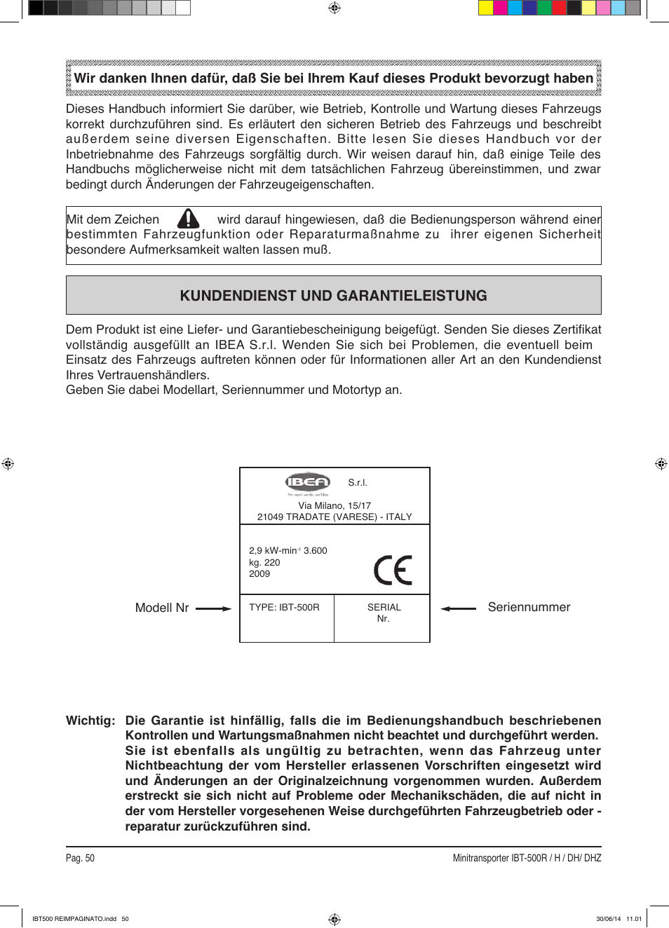 Kundendienst und garantieleistung | IBEA IBT-500 Series User Manual | Page 50 / 64