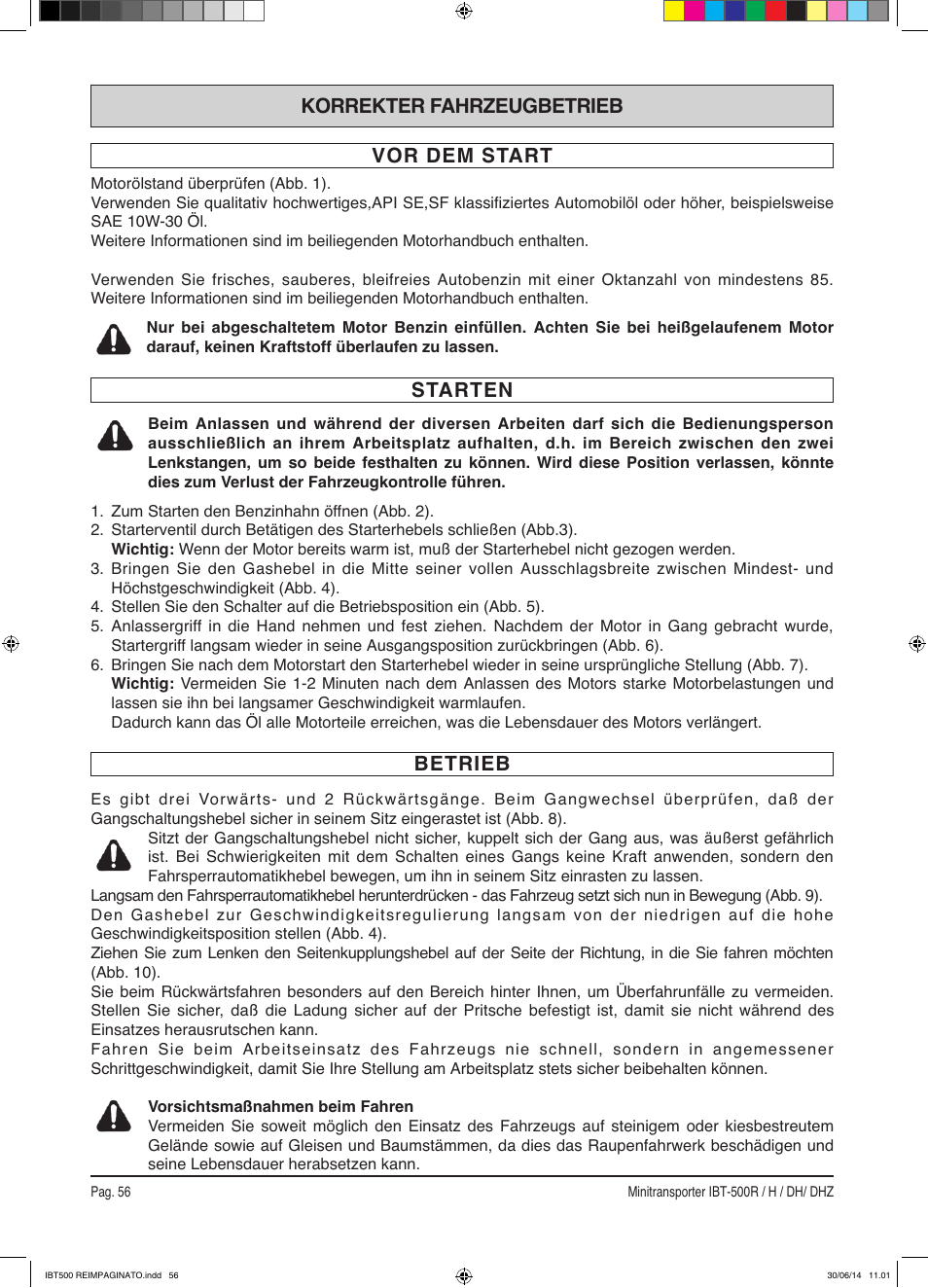 Vor dem start korrekter fahrzeugbetrieb, Starten betrieb | IBEA IBT-500 Series User Manual | Page 56 / 64