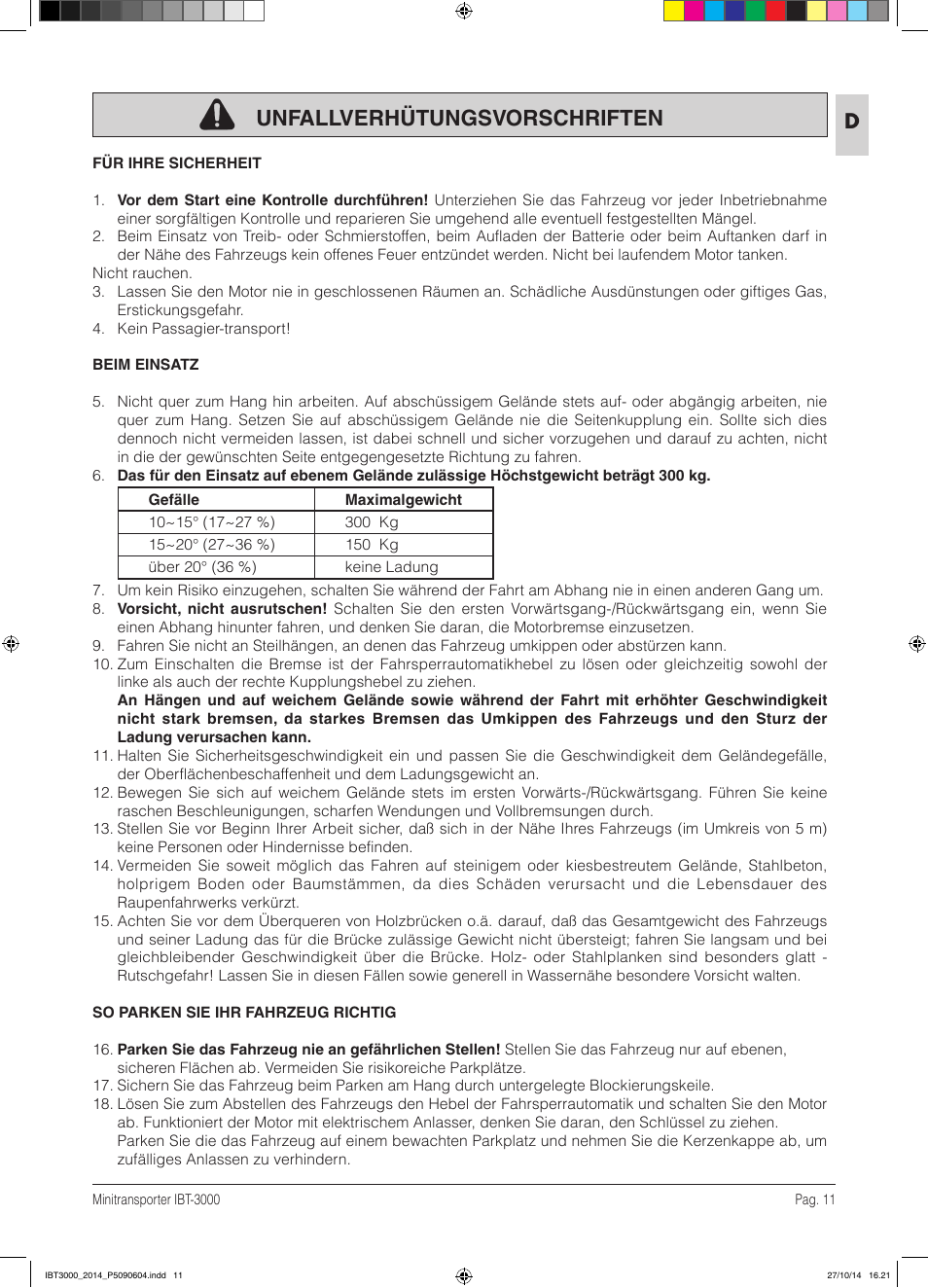 Unfallverhütungsvorschriften | IBEA IBT-3000 Series User Manual | Page 11 / 56