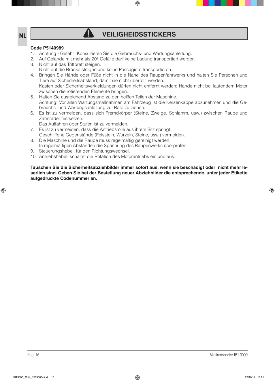 Veiligheidsstickers | IBEA IBT-3000 Series User Manual | Page 16 / 56