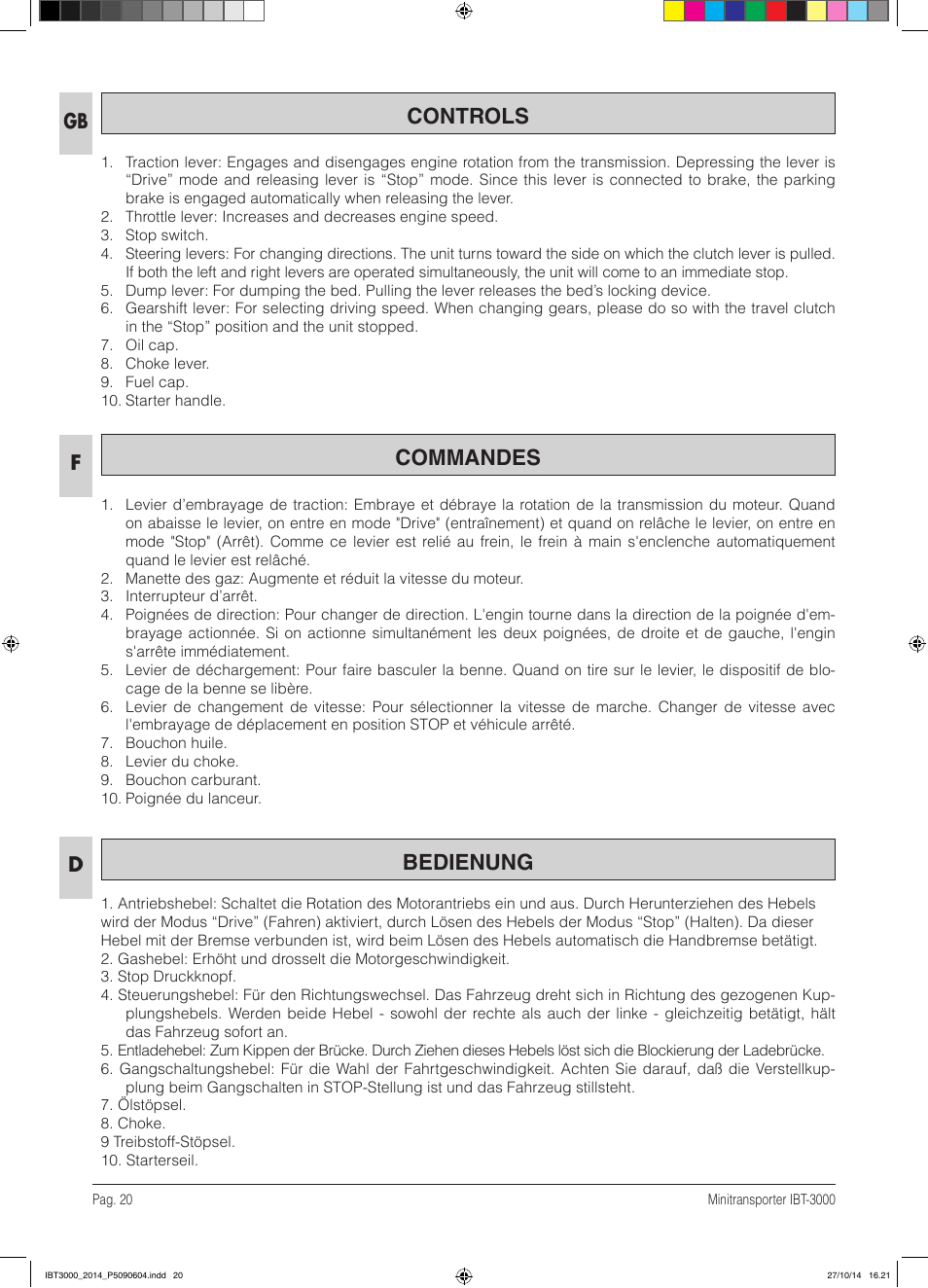 Controls commandes bedienung, Df gb | IBEA IBT-3000 Series User Manual | Page 20 / 56
