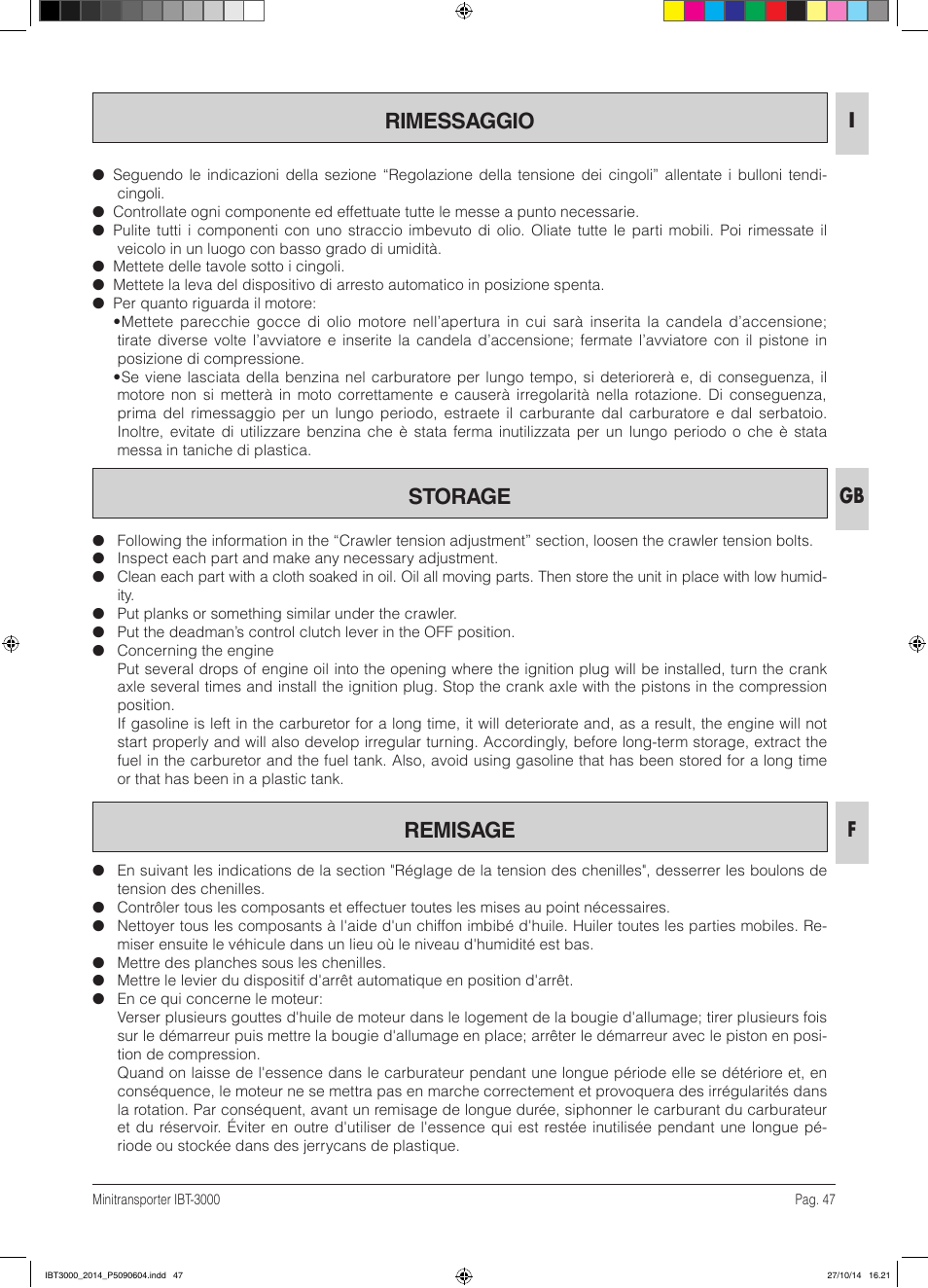 Rimessaggio, Storage, Remisage | IBEA IBT-3000 Series User Manual | Page 47 / 56