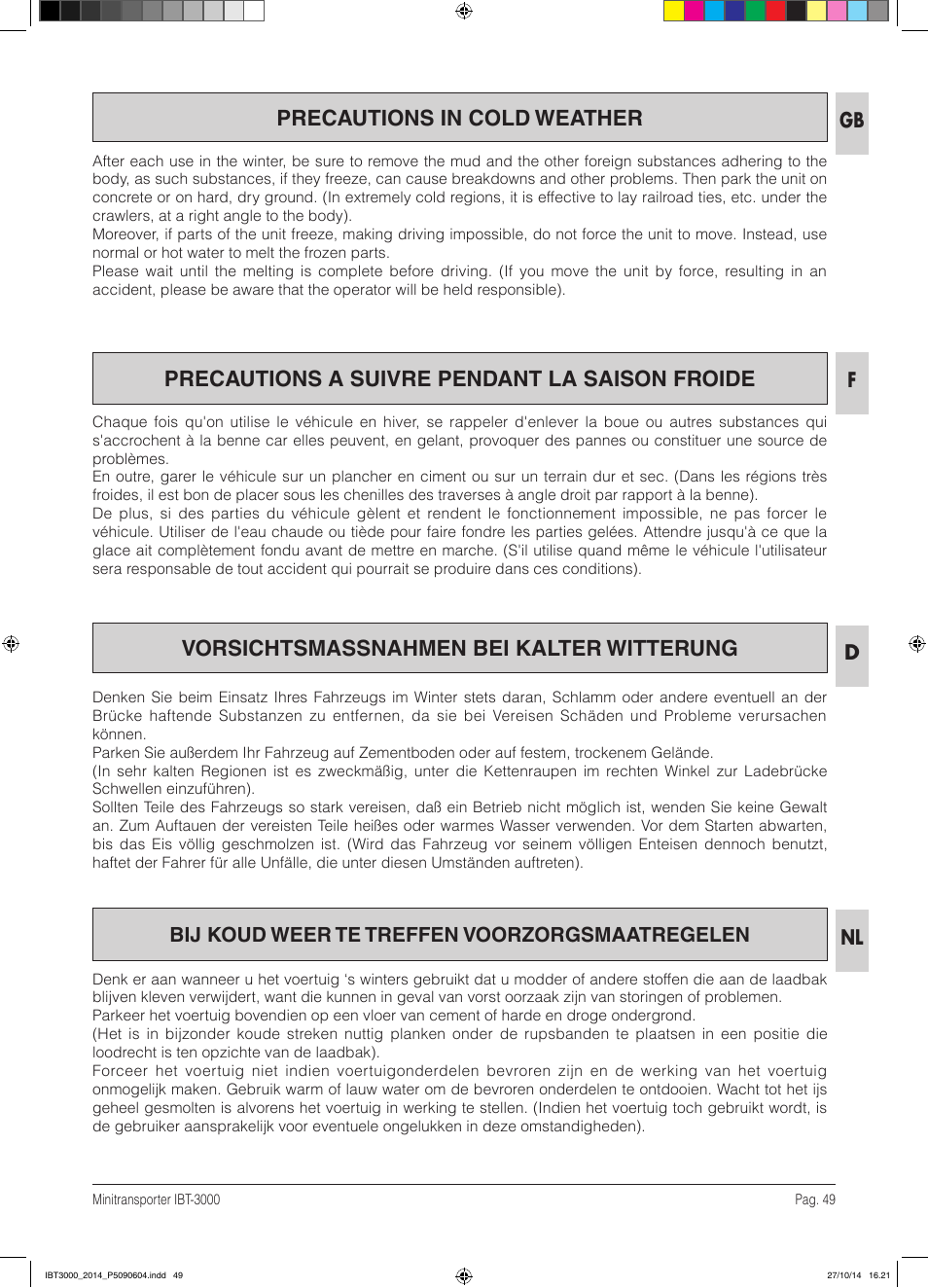 Precautions in cold weather, Dnl bij koud weer te treffen voorzorgsmaatregelen, Gb f | IBEA IBT-3000 Series User Manual | Page 49 / 56