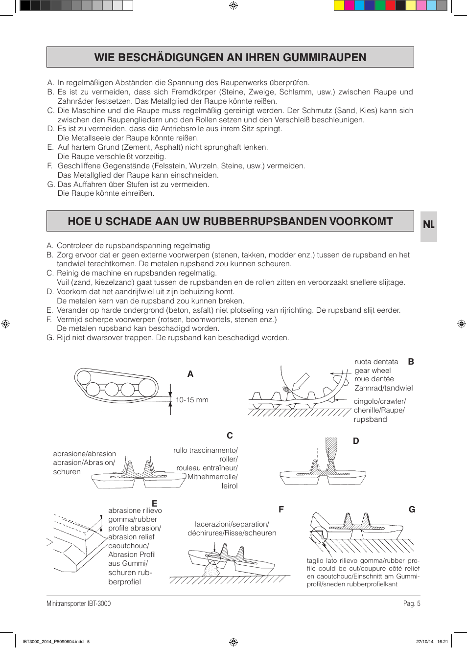 Wie beschädigungen an ihren gummiraupen, Hoe u schade aan uw rubberrupsbanden voorkomt | IBEA IBT-3000 Series User Manual | Page 5 / 56