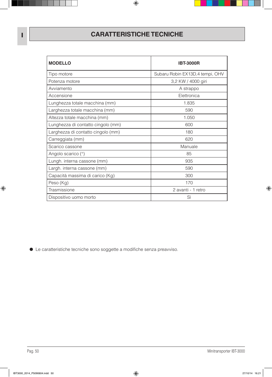 Caratteristiche tecniche | IBEA IBT-3000 Series User Manual | Page 50 / 56