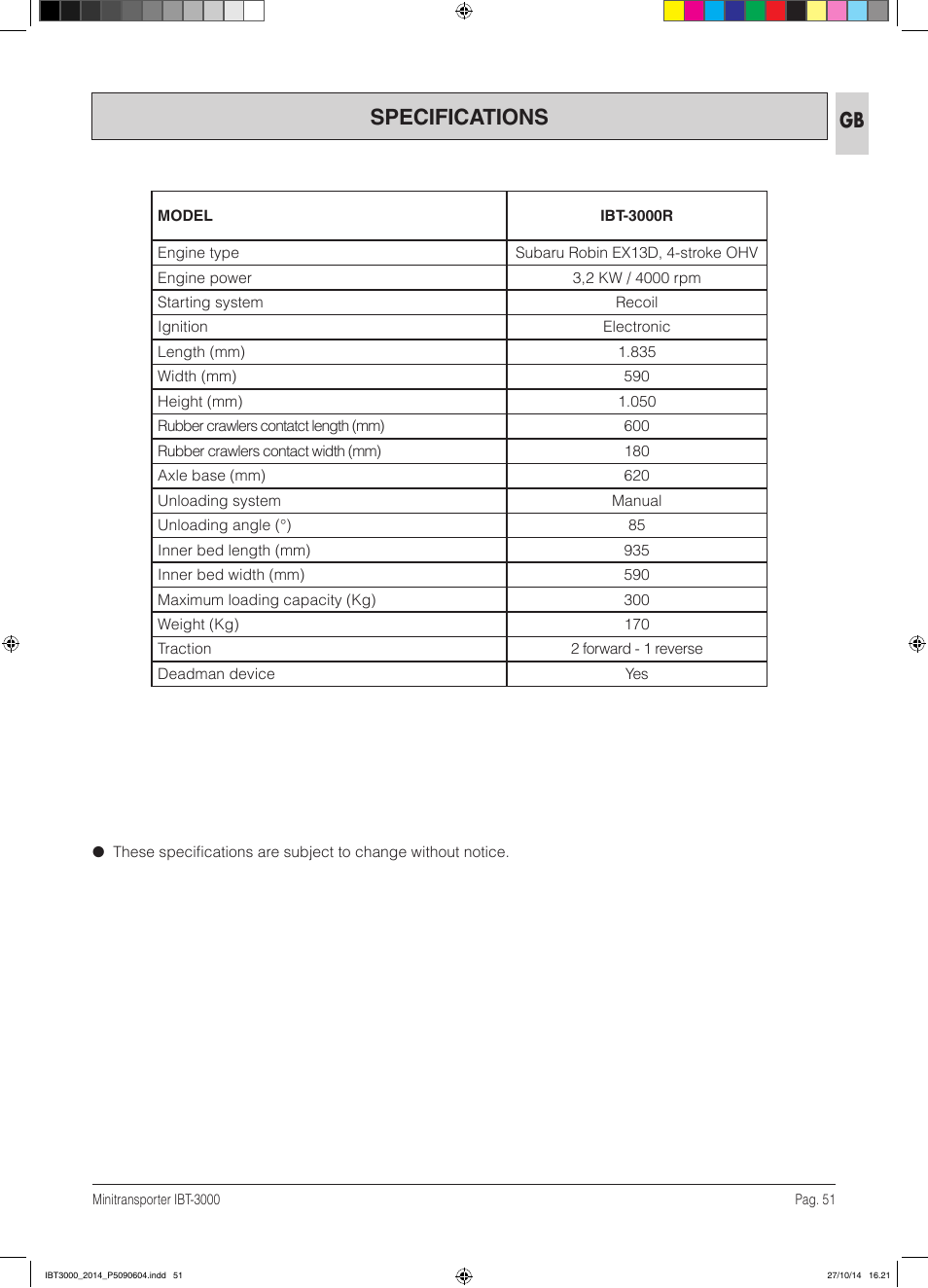 Specifications | IBEA IBT-3000 Series User Manual | Page 51 / 56