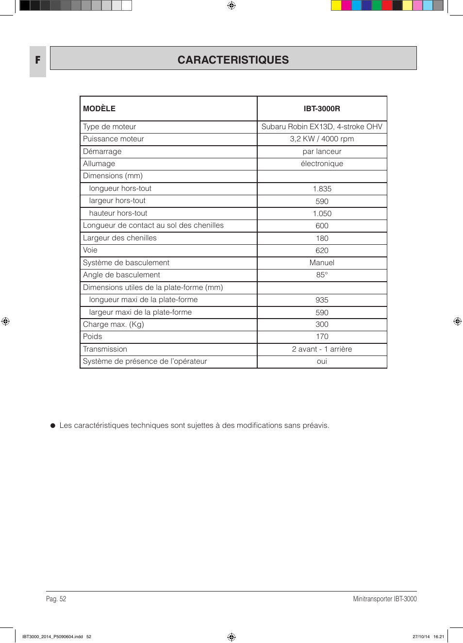 Caracteristiques | IBEA IBT-3000 Series User Manual | Page 52 / 56