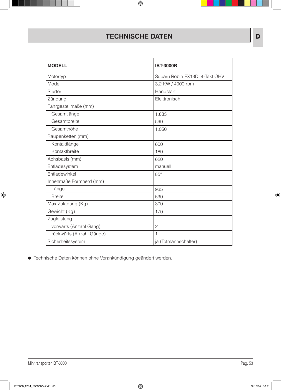 Technische daten | IBEA IBT-3000 Series User Manual | Page 53 / 56
