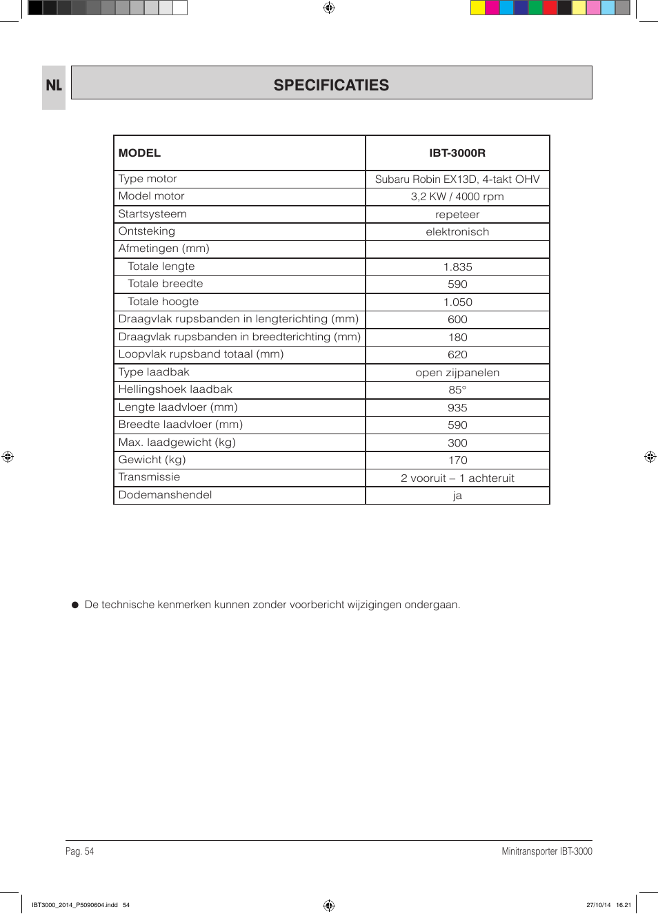 Specificaties | IBEA IBT-3000 Series User Manual | Page 54 / 56