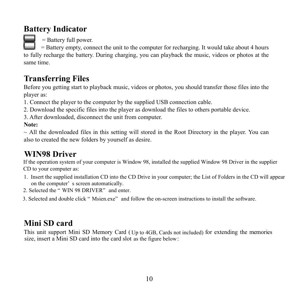 Win9 8 driv er, Battery indicator, Transferring files | Mini sd card | Craig CMP621F User Manual | Page 11 / 35