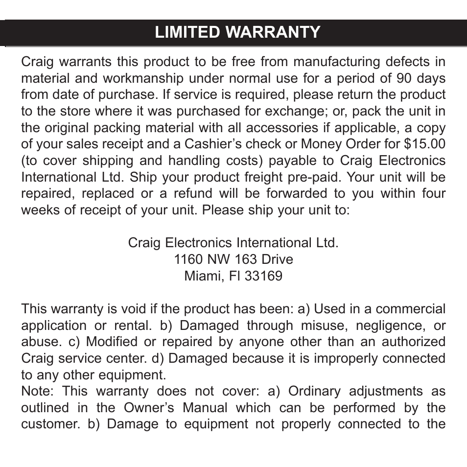 Limited warranty | Craig CMP621F User Manual | Page 34 / 35