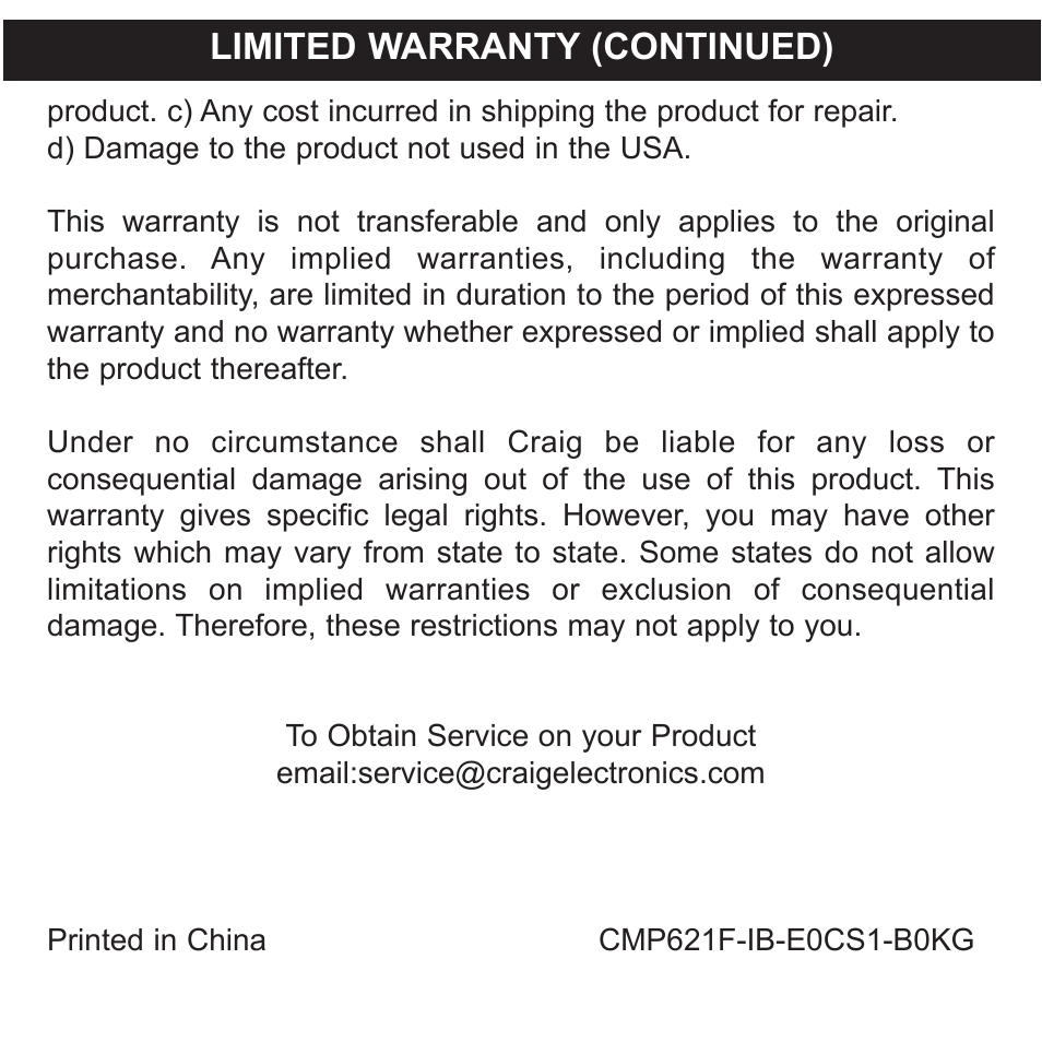 Limited warranty (continued) | Craig CMP621F User Manual | Page 35 / 35