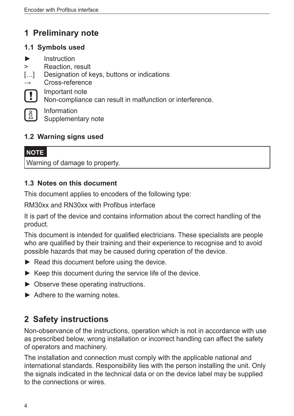 1 preliminary note, 1 symbols used, 2 warning signs used | 3 notes on this document, 2 safety instructions | ifm electronic RN3001 User Manual | Page 4 / 31