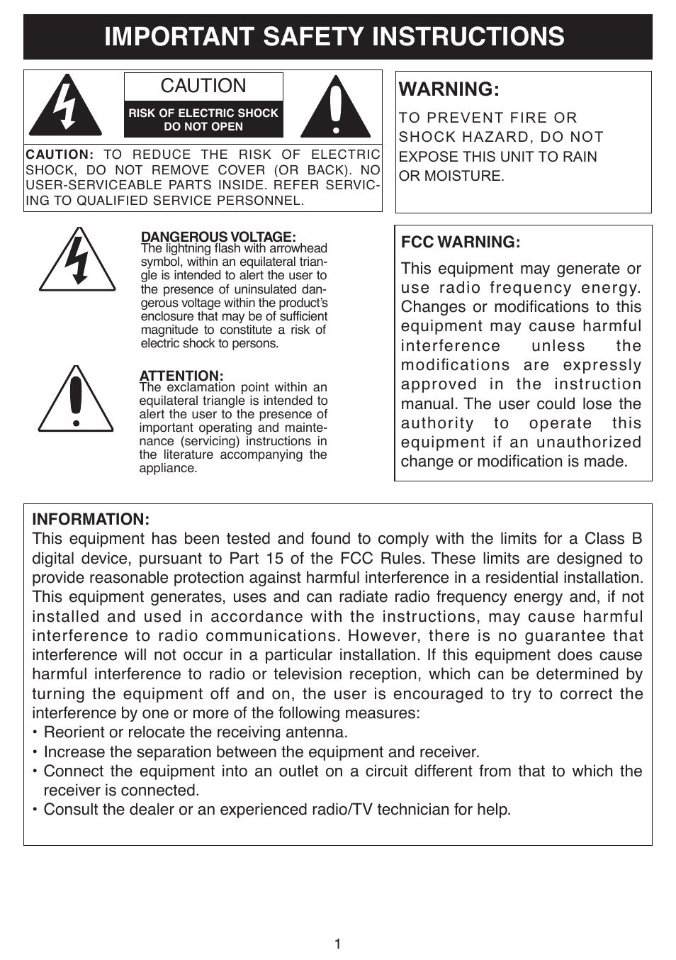 Important safety instructions, Caution, Warning | Craig CVD508 User Manual | Page 3 / 32