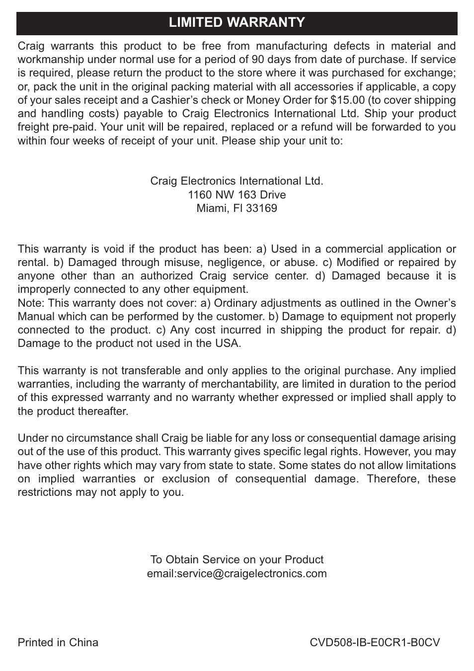 Limited warranty | Craig CVD508 User Manual | Page 32 / 32