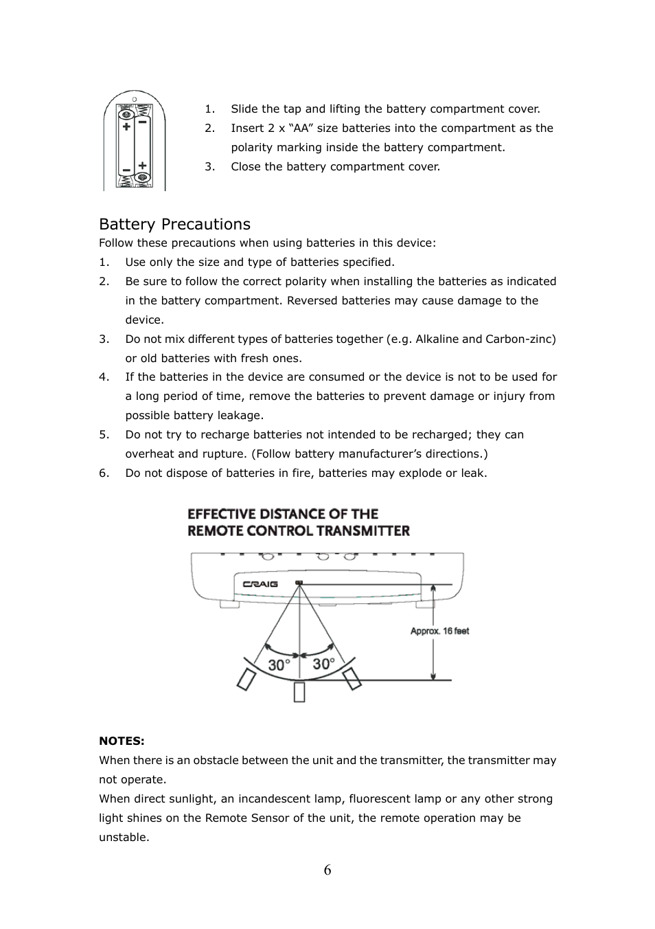 Battery precautions | Craig CVD508 User Manual | Page 8 / 32