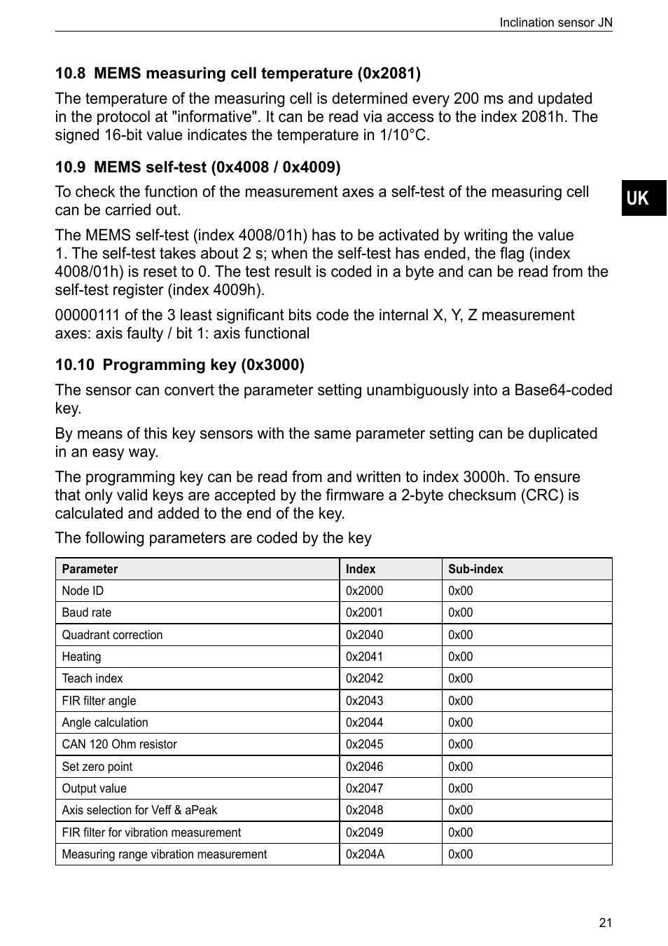 8 mems measuring cell temperature (0x2081), 9 mems self-test (0x4008 / 0x4009), 10 programming key (0x3000) | ifm electronic JN2300 User Manual | Page 21 / 23