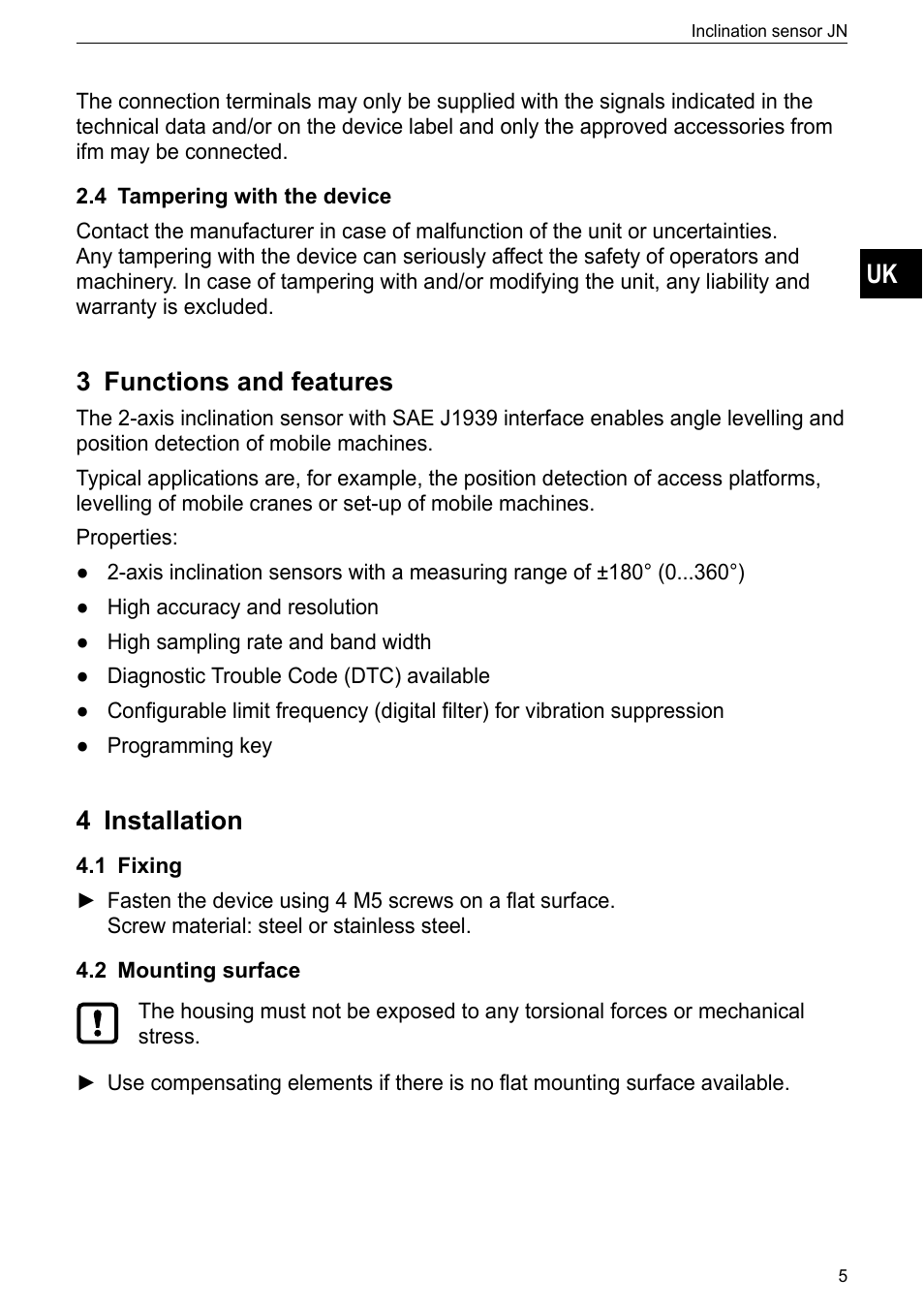 4 tampering with the device, 3 functions and features, 4 installation | 1 fixing, 2 mounting surface | ifm electronic JN2300 User Manual | Page 5 / 23