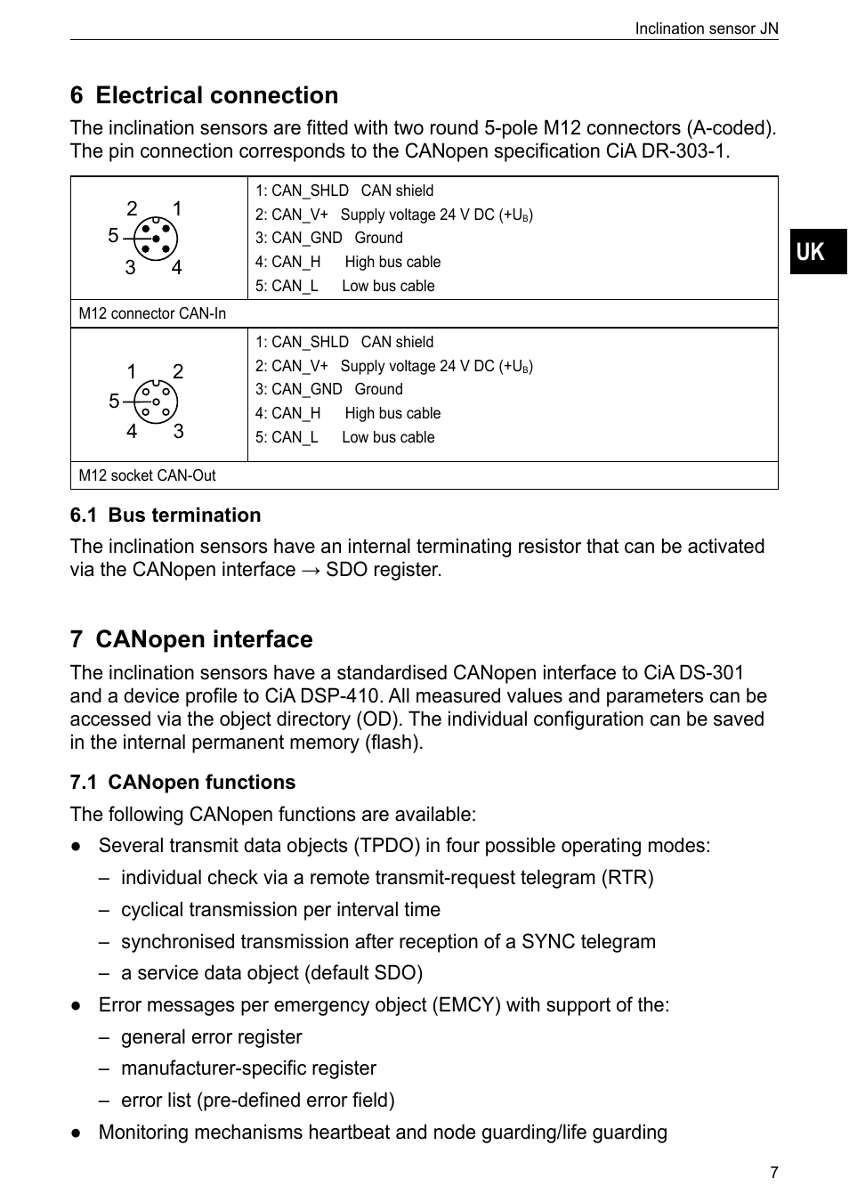 6 electrical connection, 1 bus termination, 7 canopen interface | 1 canopen functions | ifm electronic JN2100 v.2.2.0 User Manual | Page 7 / 33