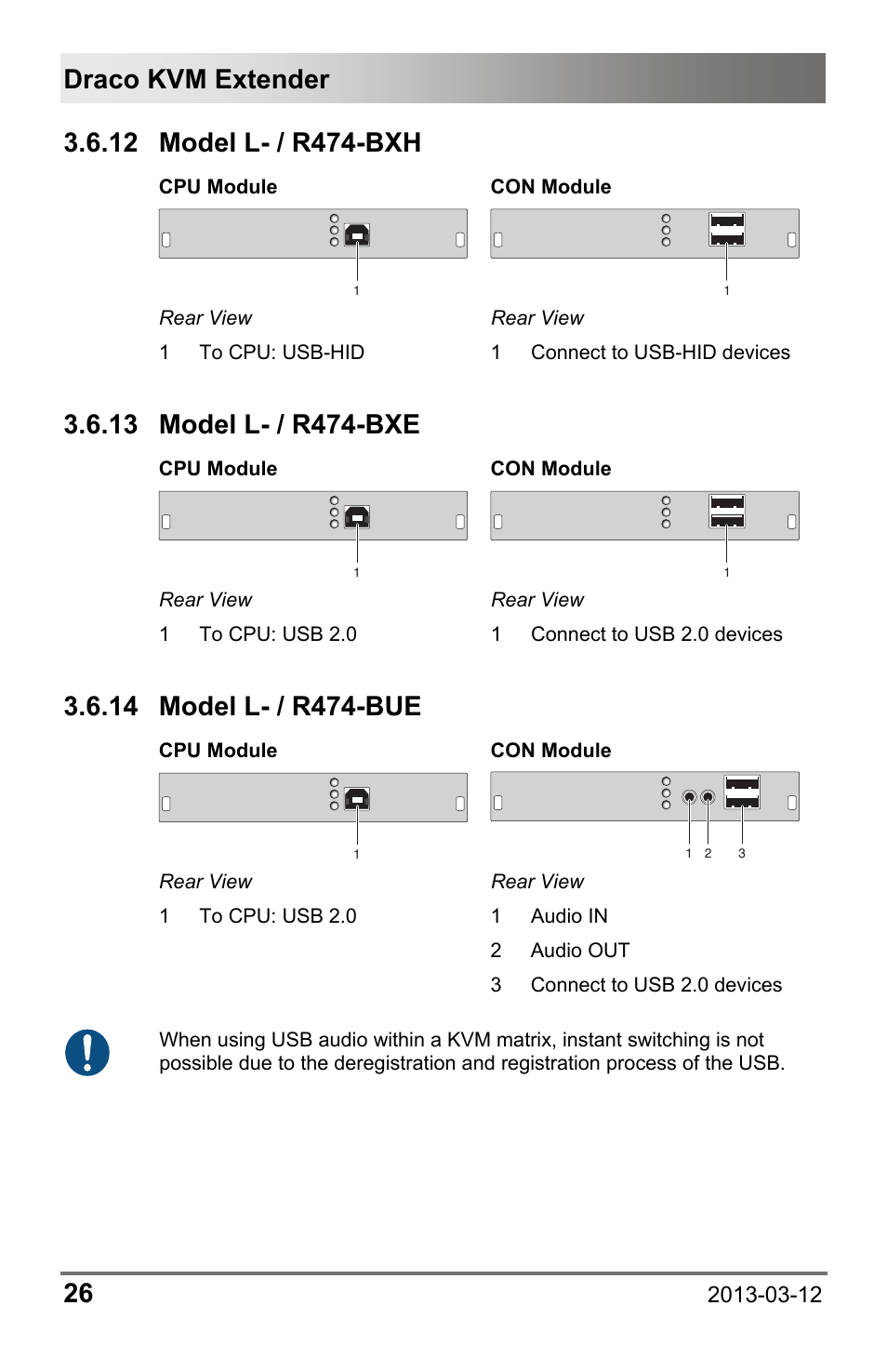 12 model l- / r474-bxh, 13 model l- / r474-bxe, 14 model l- / r474-bue | 12 model, L- / r474-bxh, 13 model, L- / r474-bxe, 14 model, L- / r474-bue, Draco kvm extender 26 | IHSE USA 474 Series Draco vario User Manual | Page 26 / 81