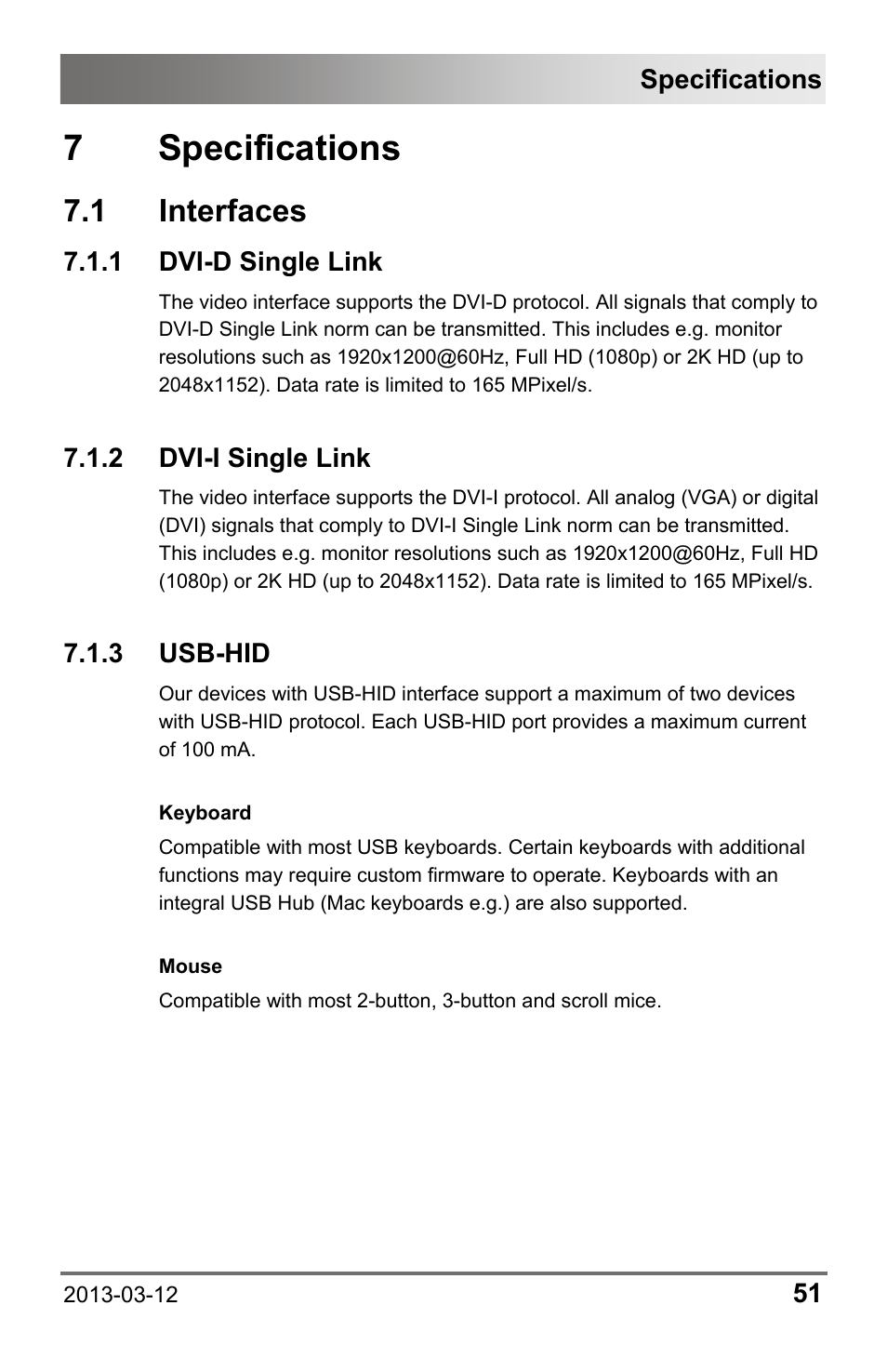 7 specifications, 1 interfaces, 1 dvi-d single link | 2 dvi-i single link, 3 usb-hid, 1 dvi-d, Single link, 2 dvi-i, Specifications | IHSE USA 474 Series Draco vario User Manual | Page 51 / 81