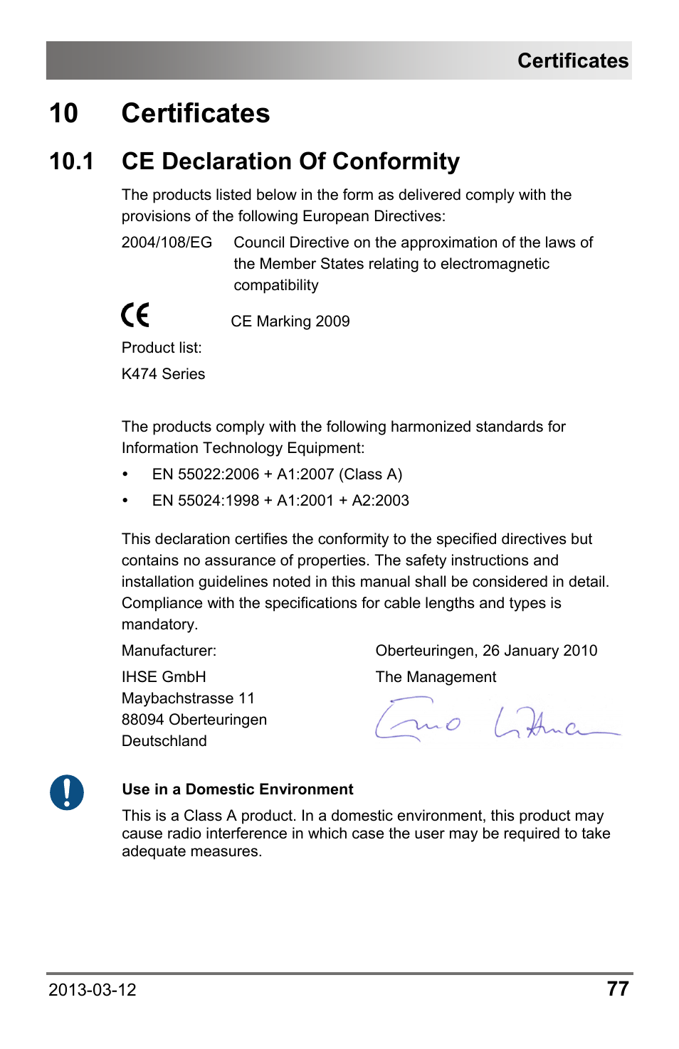 10 certificates, 1 ce declaration of conformity, 1 ce | Declaration of conformity, Certificates | IHSE USA 474 Series Draco vario User Manual | Page 77 / 81