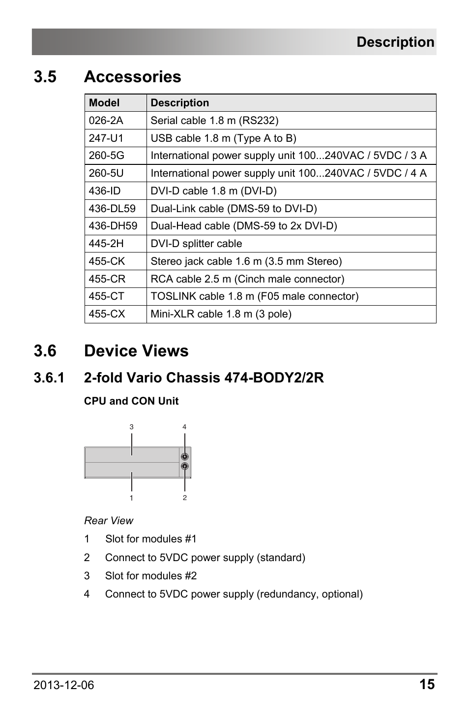5 accessories, 6 device views, 1 2-fold vario chassis 474-body2/2r | Fold vario chassis 474-body2/2r, Description | IHSE USA 482 Series Draco vario Dual- Head User Manual | Page 15 / 83
