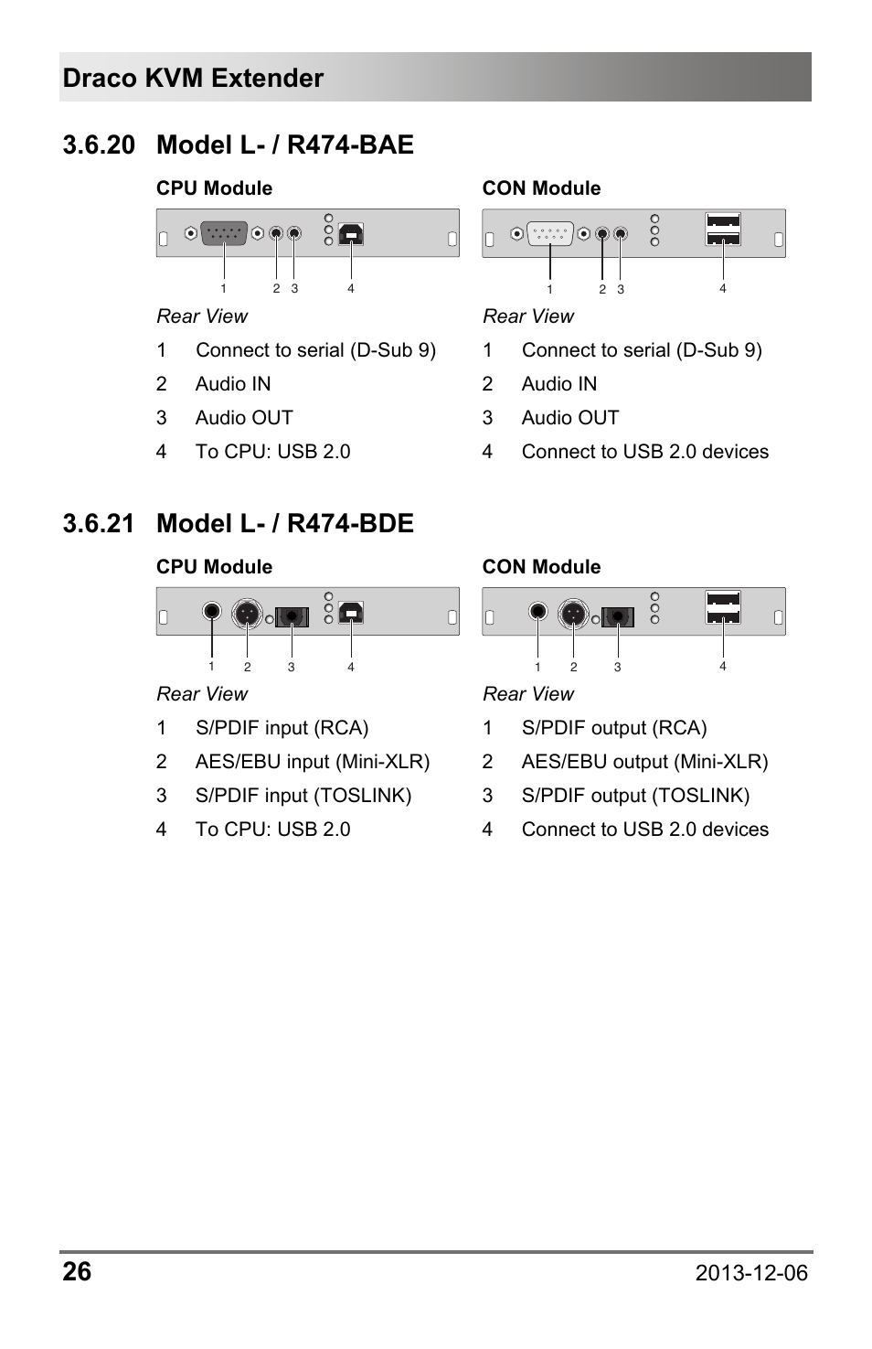 20 model l- / r474-bae, 21 model l- / r474-bde, 20 model | L- / r474-bae, 21 model, L- / r474-bde, Draco kvm extender 26 | IHSE USA 482 Series Draco vario Dual- Head User Manual | Page 26 / 83
