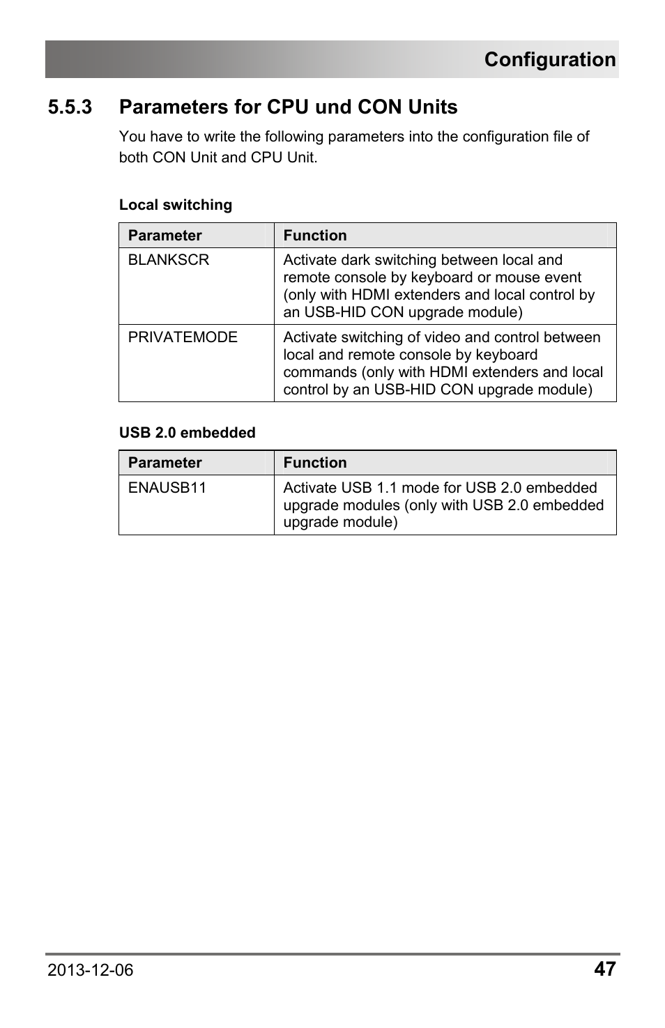 3 parameters for cpu und con units, 3 parameters, For cpu und con units | Configuration | IHSE USA 482 Series Draco vario Dual- Head User Manual | Page 47 / 83