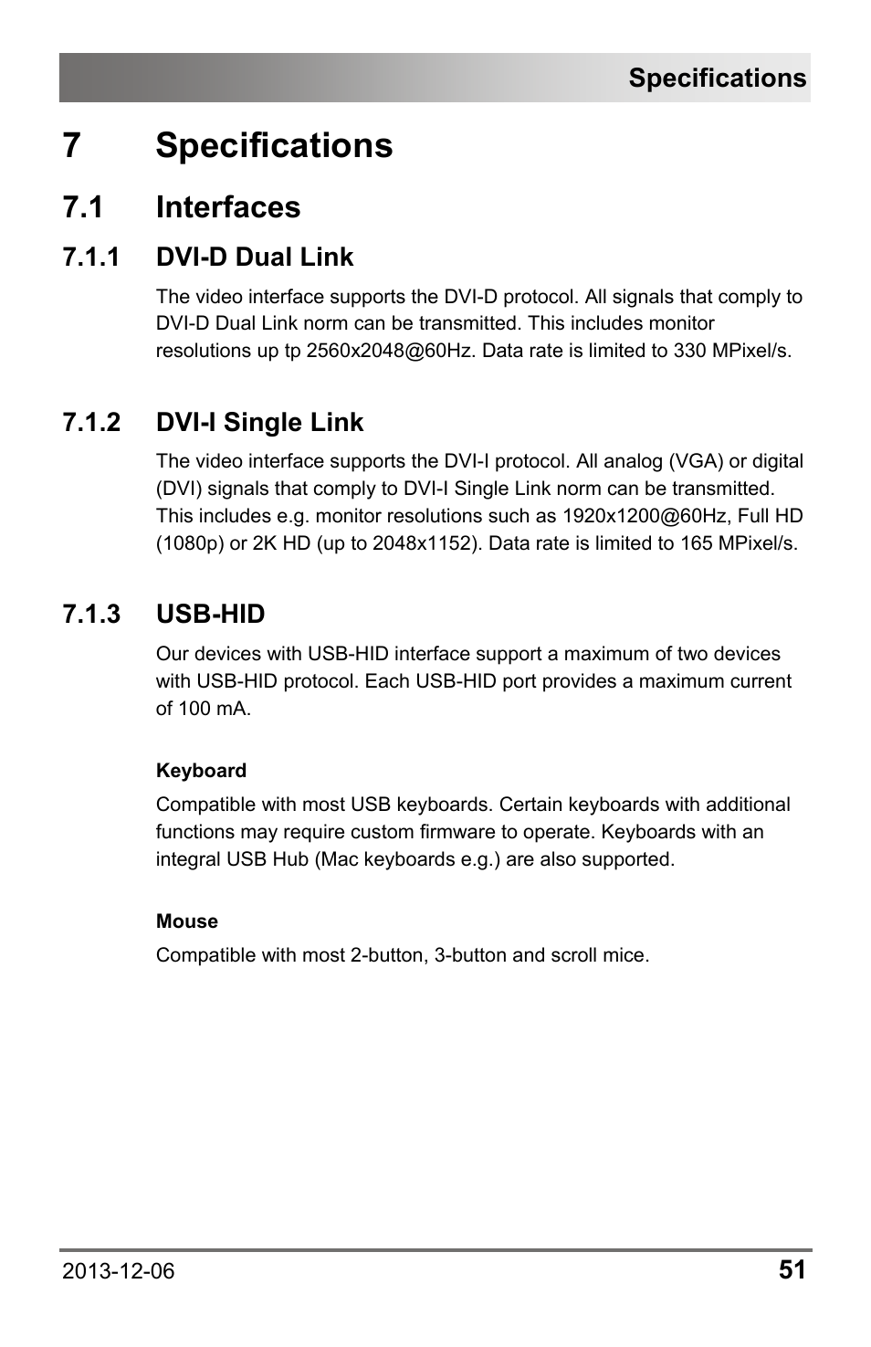 7 specifications, 1 interfaces, 1 dvi-d dual link | 2 dvi-i single link, 3 usb-hid, 1 dvi-d, Dual link, 2 dvi-i, Single link, 7, pag | IHSE USA 482 Series Draco vario Dual- Head User Manual | Page 51 / 83