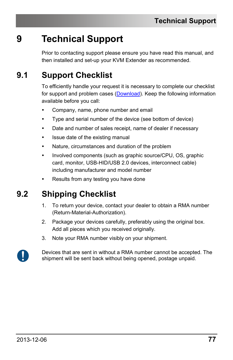 9 technical support, 1 support checklist, 2 shipping checklist | 9 technical, Support, 1 support, Checklist, 2 shipping, Technical support | IHSE USA 482 Series Draco vario Dual- Head User Manual | Page 77 / 83