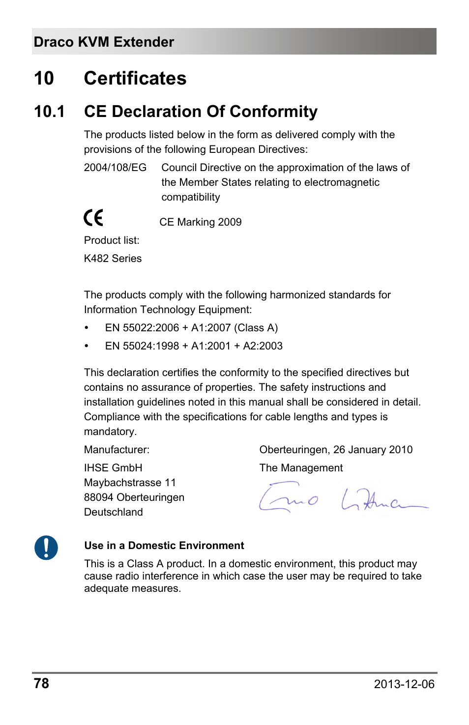 10 certificates, 1 ce declaration of conformity, 1 ce | Declaration of conformity, Draco kvm extender 78 | IHSE USA 482 Series Draco vario Dual- Head User Manual | Page 78 / 83