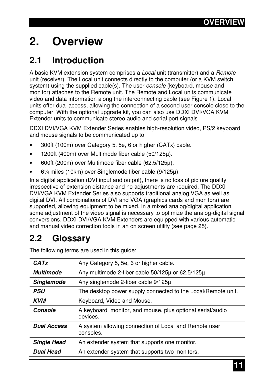 1 introduction, 2 glossary, Overview | IHSE USA 437 Series DDXi DVI/VGA Extender User Manual | Page 11 / 64