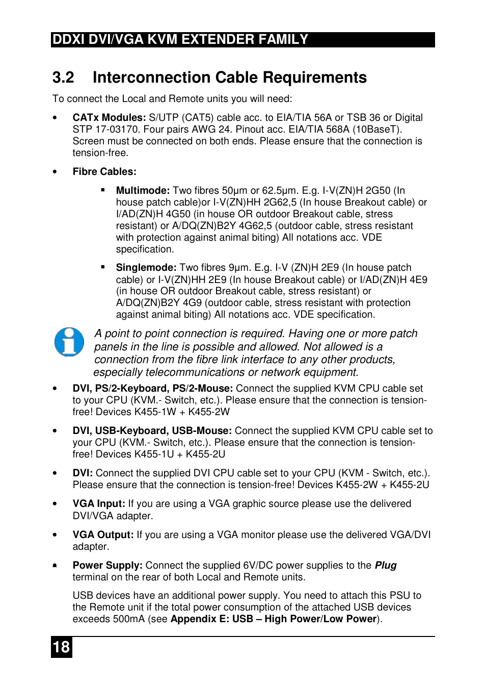 18 3.2 interconnection cable requirements, Ddxi dvi/vga kvm extender family | IHSE USA 437 Series DDXi DVI/VGA Extender User Manual | Page 18 / 64
