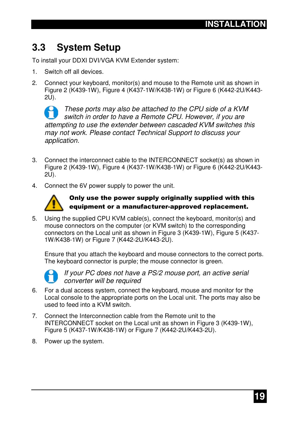 19 3.3 system setup, Installation | IHSE USA 437 Series DDXi DVI/VGA Extender User Manual | Page 19 / 64
