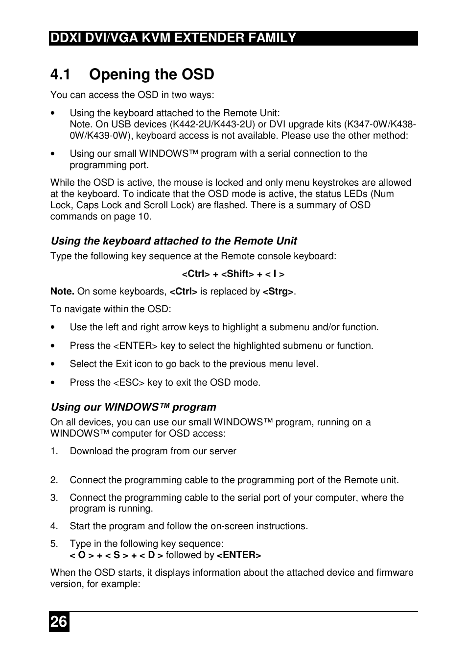 26 4.1 opening the osd, Ddxi dvi/vga kvm extender family | IHSE USA 437 Series DDXi DVI/VGA Extender User Manual | Page 26 / 64