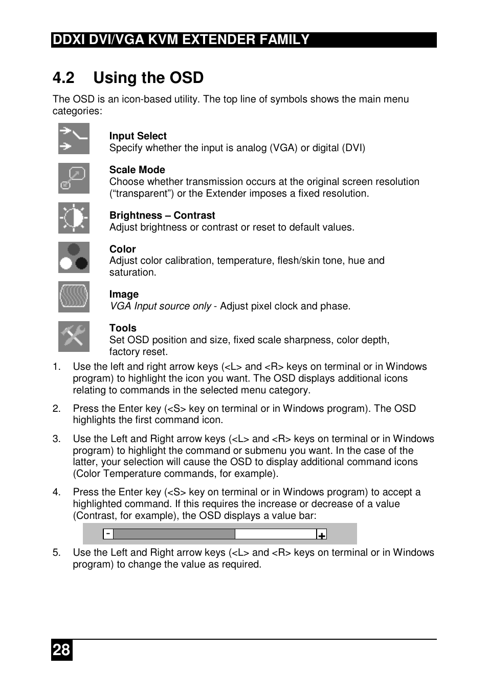 28 4.2 using the osd, Ddxi dvi/vga kvm extender family | IHSE USA 437 Series DDXi DVI/VGA Extender User Manual | Page 28 / 64