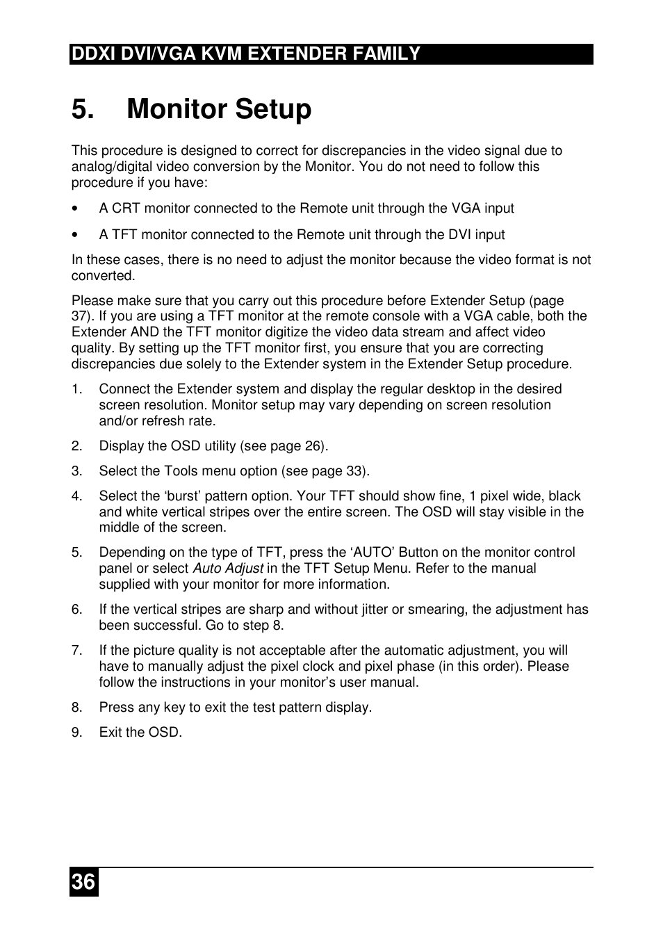 Monitor setup, Ddxi dvi/vga kvm extender family | IHSE USA 437 Series DDXi DVI/VGA Extender User Manual | Page 36 / 64