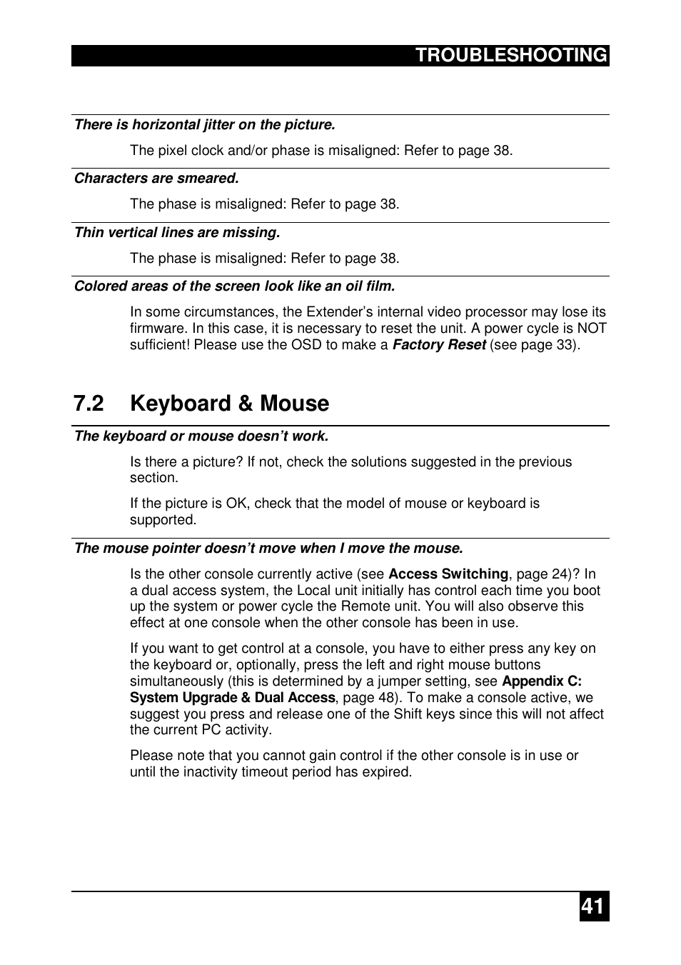 2 keyboard & mouse, Troubleshooting | IHSE USA 437 Series DDXi DVI/VGA Extender User Manual | Page 41 / 64
