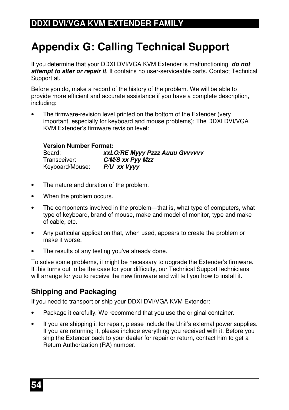 Appendix g: calling technical support, Ddxi dvi/vga kvm extender family, Shipping and packaging | IHSE USA 437 Series DDXi DVI/VGA Extender User Manual | Page 54 / 64