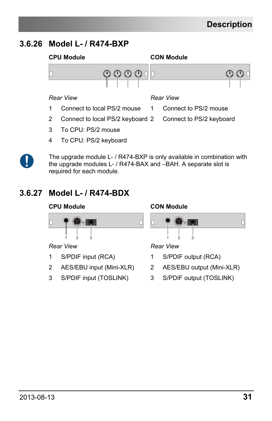 26 model l- / r474-bxp, 27 model l- / r474-bdx, 26 model | L- / r474-bxp, 27 model, L- / r474-bdx, Description | IHSE USA 481 Series Draco vario HDMI User Manual | Page 31 / 91