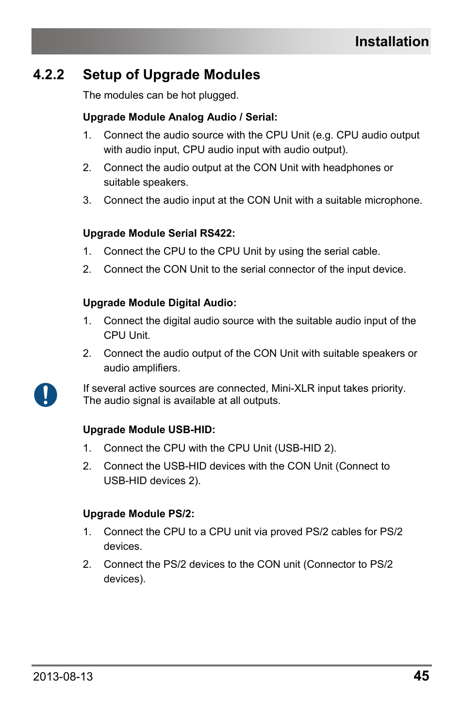 2 setup of upgrade modules, Setup of upgrade modules, Installation | IHSE USA 481 Series Draco vario HDMI User Manual | Page 45 / 91